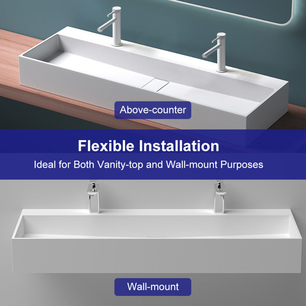 47 Inch Wall-Mount Double Sink Stone Resin Floating Trough Bathroom Sink, Glossy White
