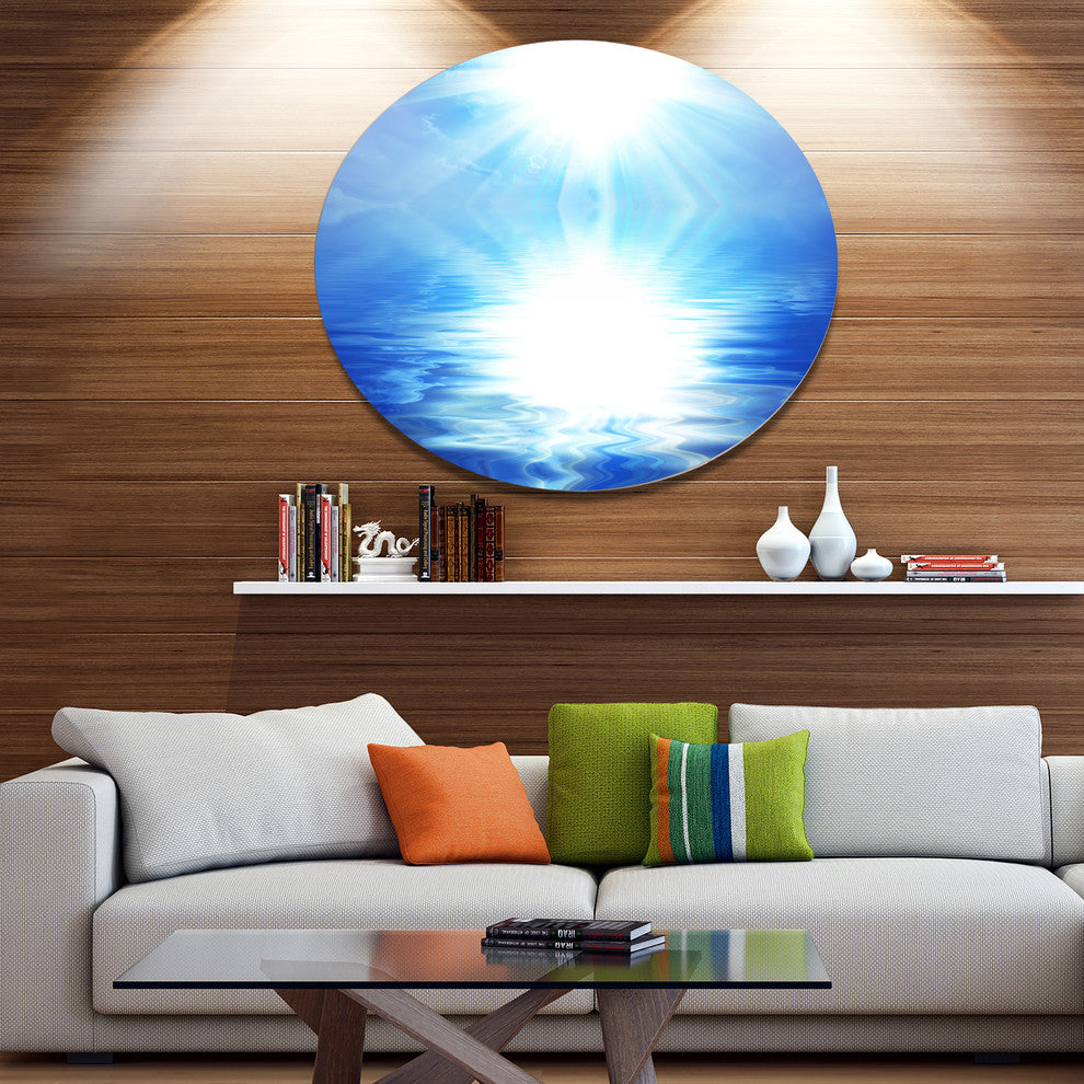 Blue Sky Mirrored In Blue Sea, Seashore Disc Metal Artwork, 11"