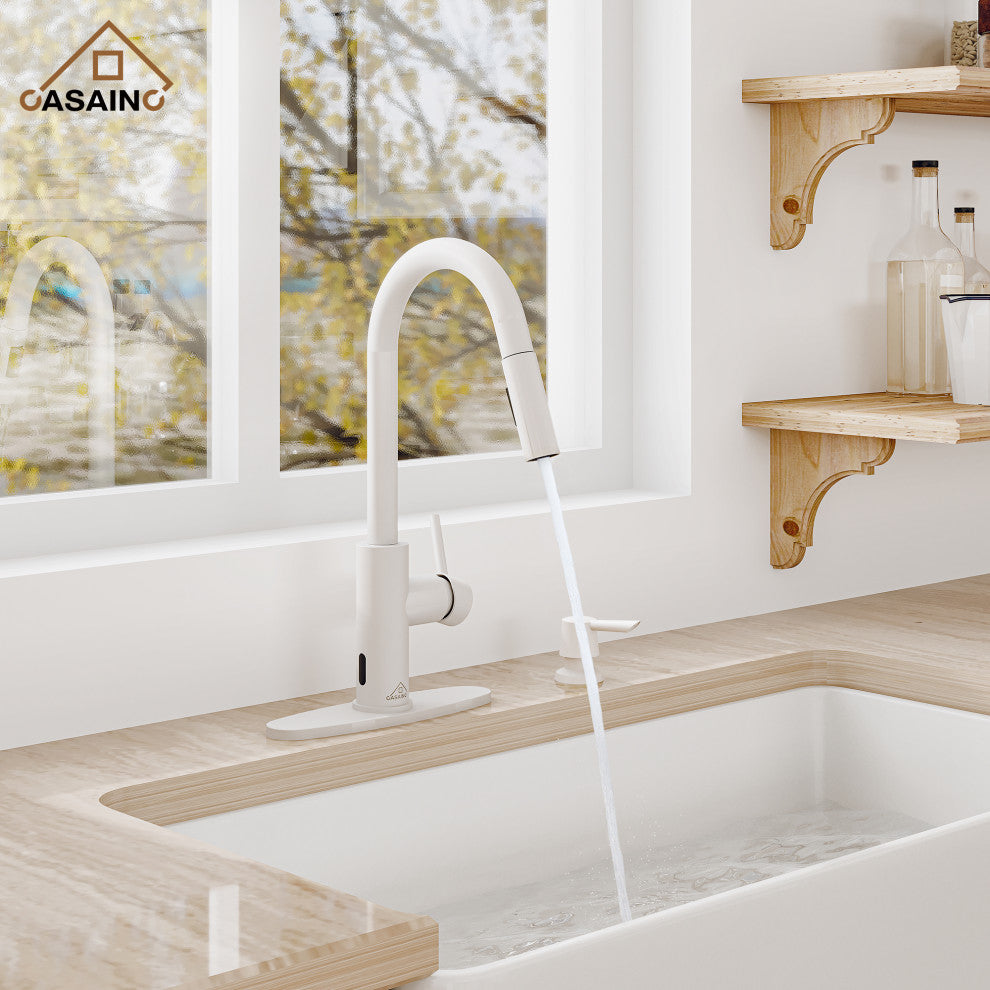 Touchless Pull Down Single Handle Kitchen Faucet With LED Function, Matte White