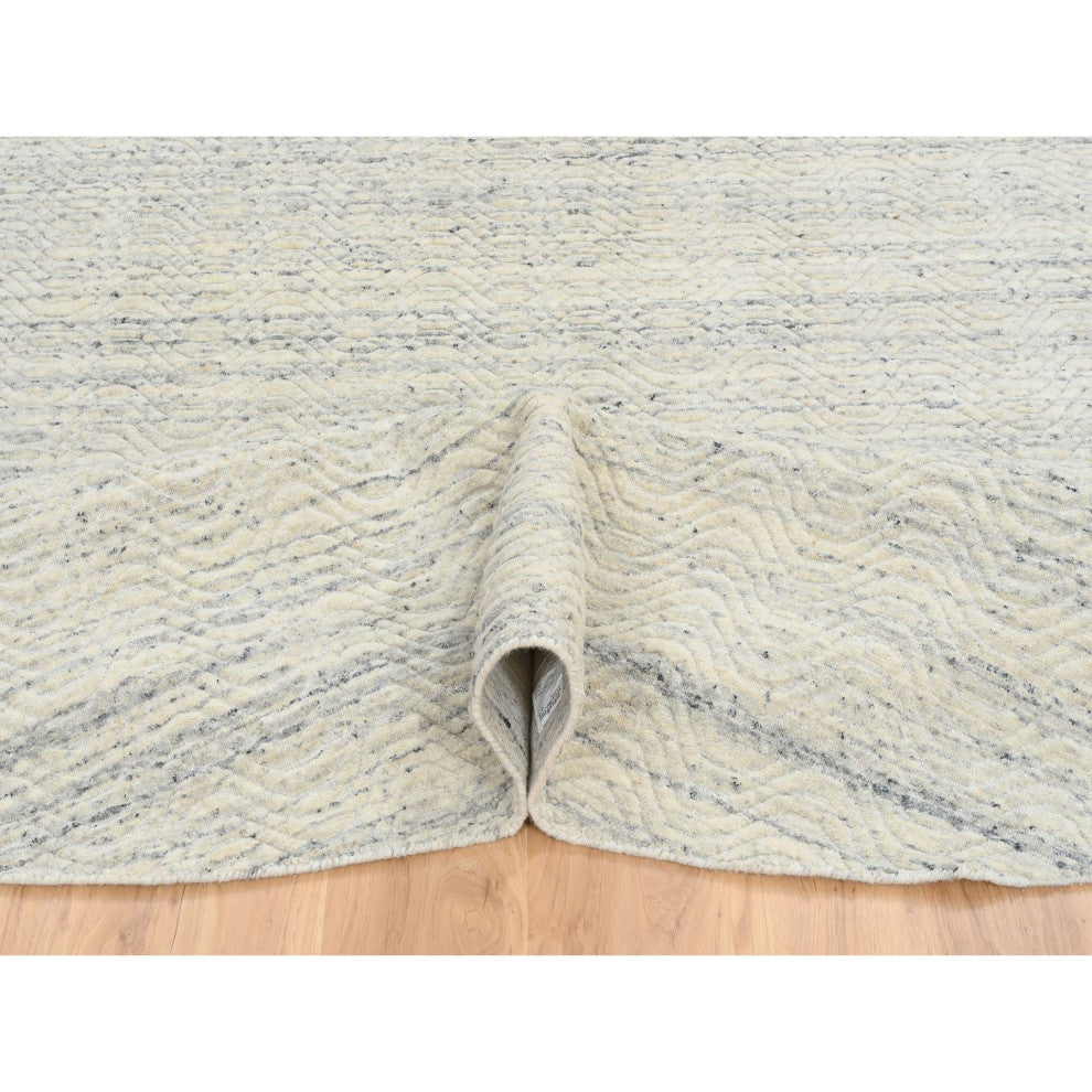 Beige Wool Hand Loomed Variegated Textured Modern Design Round Rug, 9'10"x9'10"