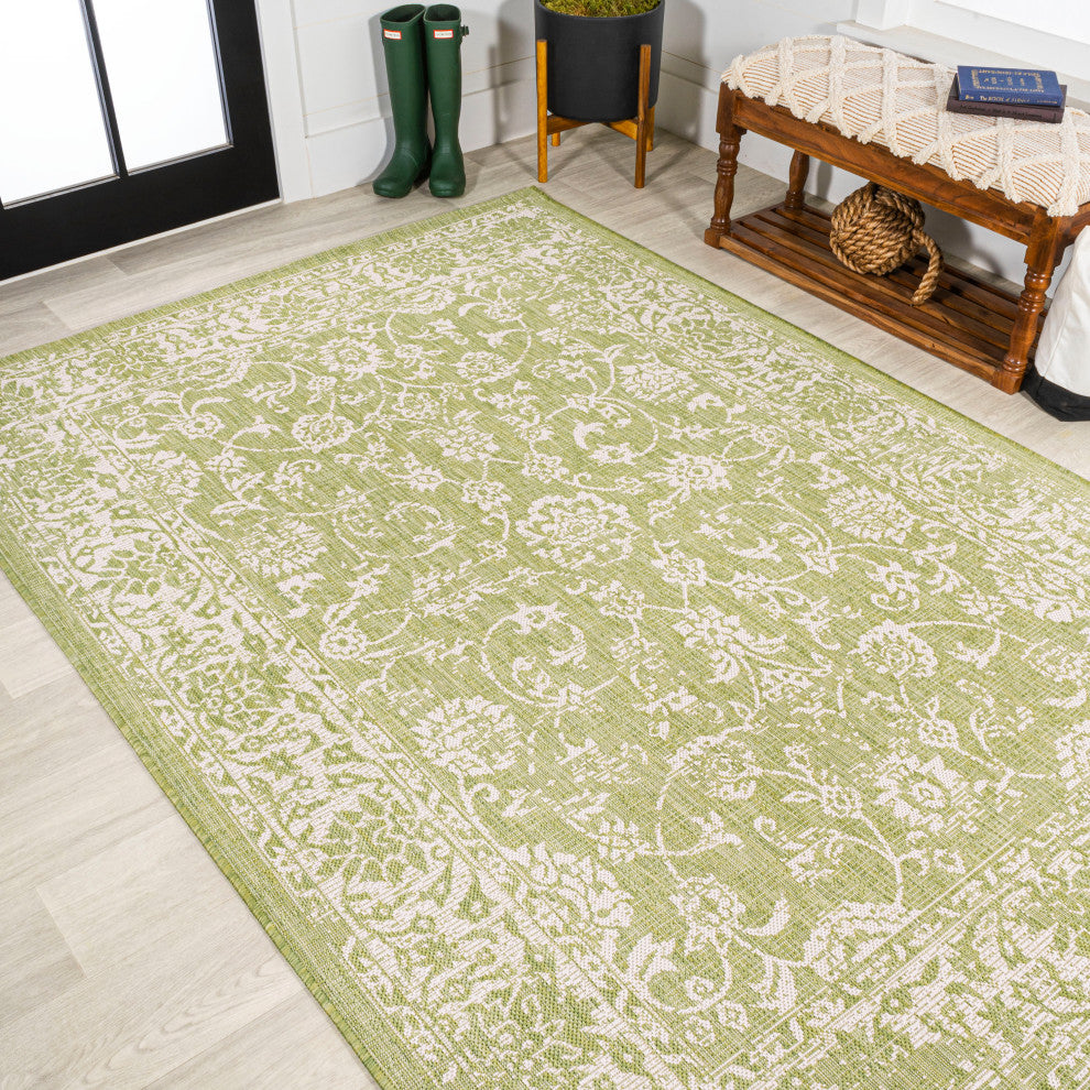 Tela Boho Textured Weave Floral Indoor/Outdoor Rug, Green/Cream, 3 X 5