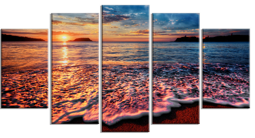 "Peaceful Evening Beach View" Seashore Canvas Wall Art, 5 Panels, 60"x32"