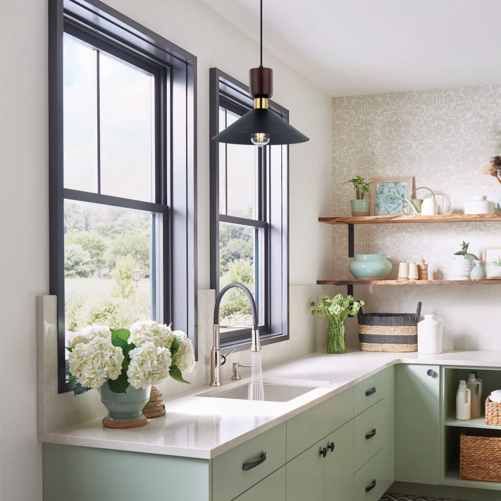 Vintage Wood Pendant Lighting Fixture Black Hanging Lamp for Kitchen