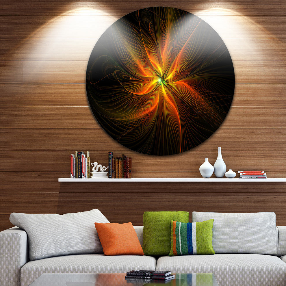 Shiny Golden Yellow Fractal Flower On Black, Floral Disc Artwork, 23"