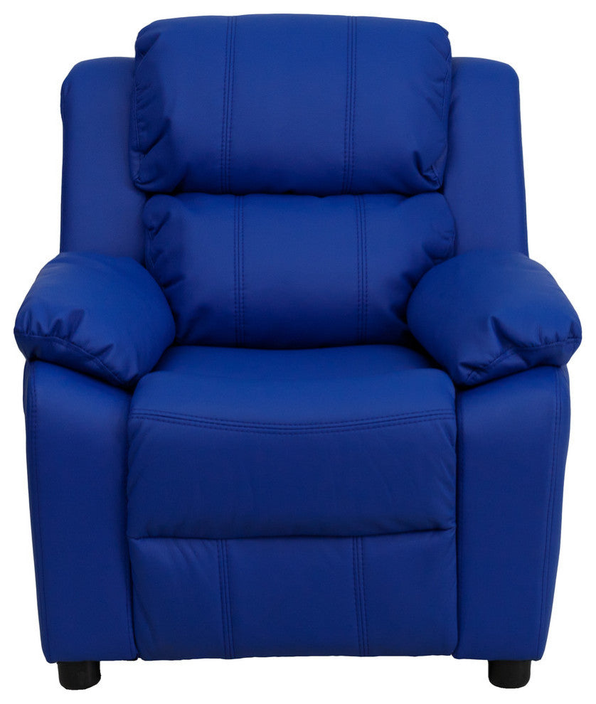 Deluxe Padded Contemporary Blue Vinyl Kids Recliner With Storage Arms