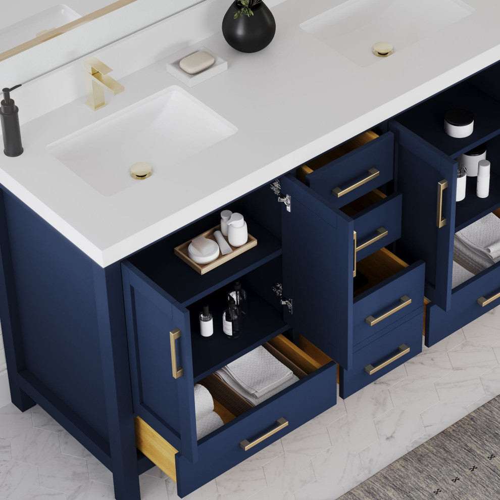Preston Bath Vanity, Blue, 60", White Quartz Top, Double, Freestanding