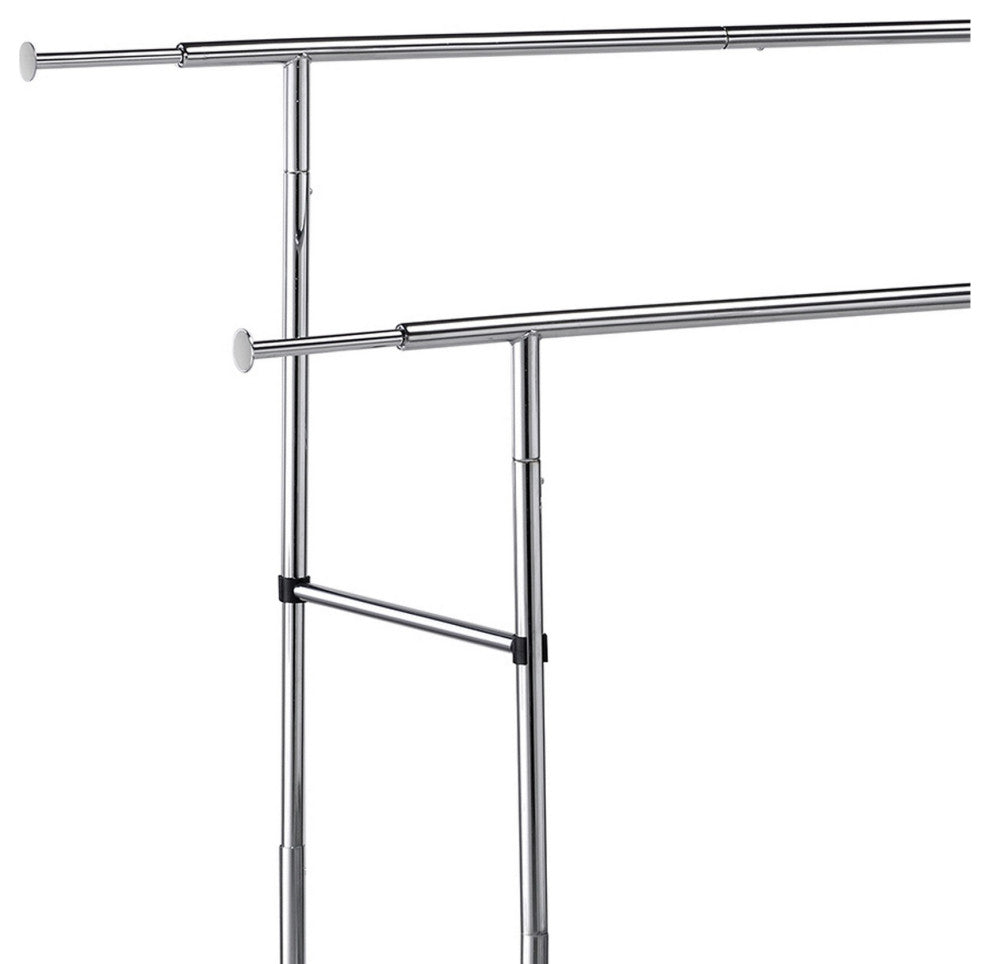 Benzara BM233941 Dual Bar Tubular Metal Frame Garment Rack With Casters, Chrome