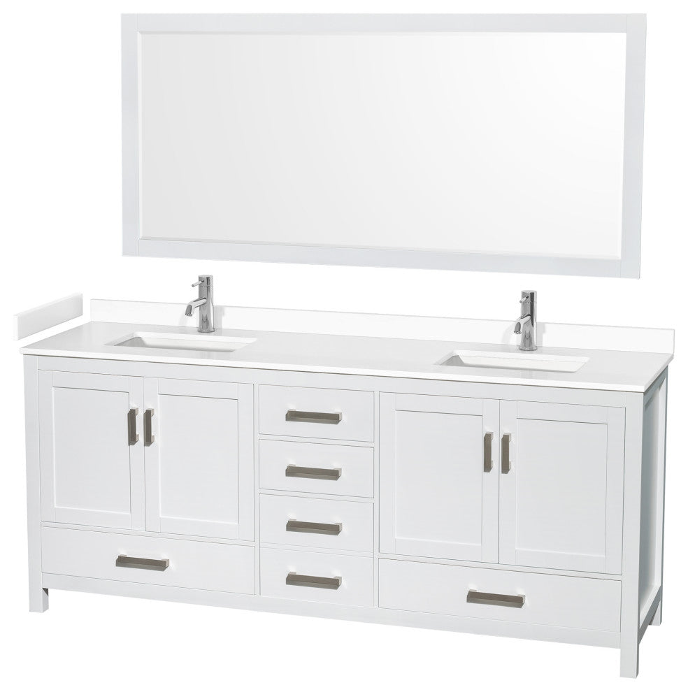 80"DBL Bathroom Vanity White, White Cult. Marble Countertop, Sinks, 70" Mirror