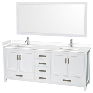 80"DBL Bathroom Vanity White, White Cult. Marble Countertop, Sinks, 70" Mirror