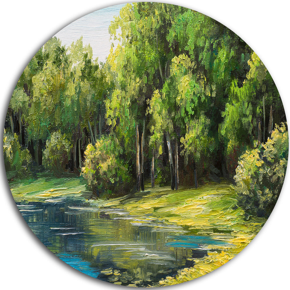 Summer Day Lake In Forest, Landscape Disc Metal Artwork, 38"