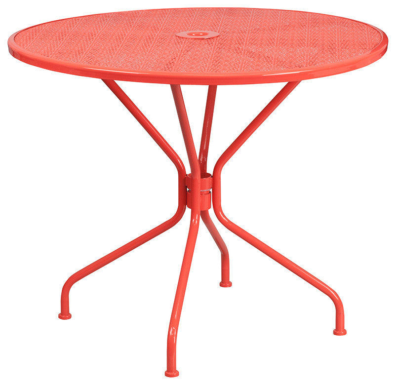 35.25'' Round Indoor-Outdoor Steel Patio Table and 2 Square Back Chairs, Coral