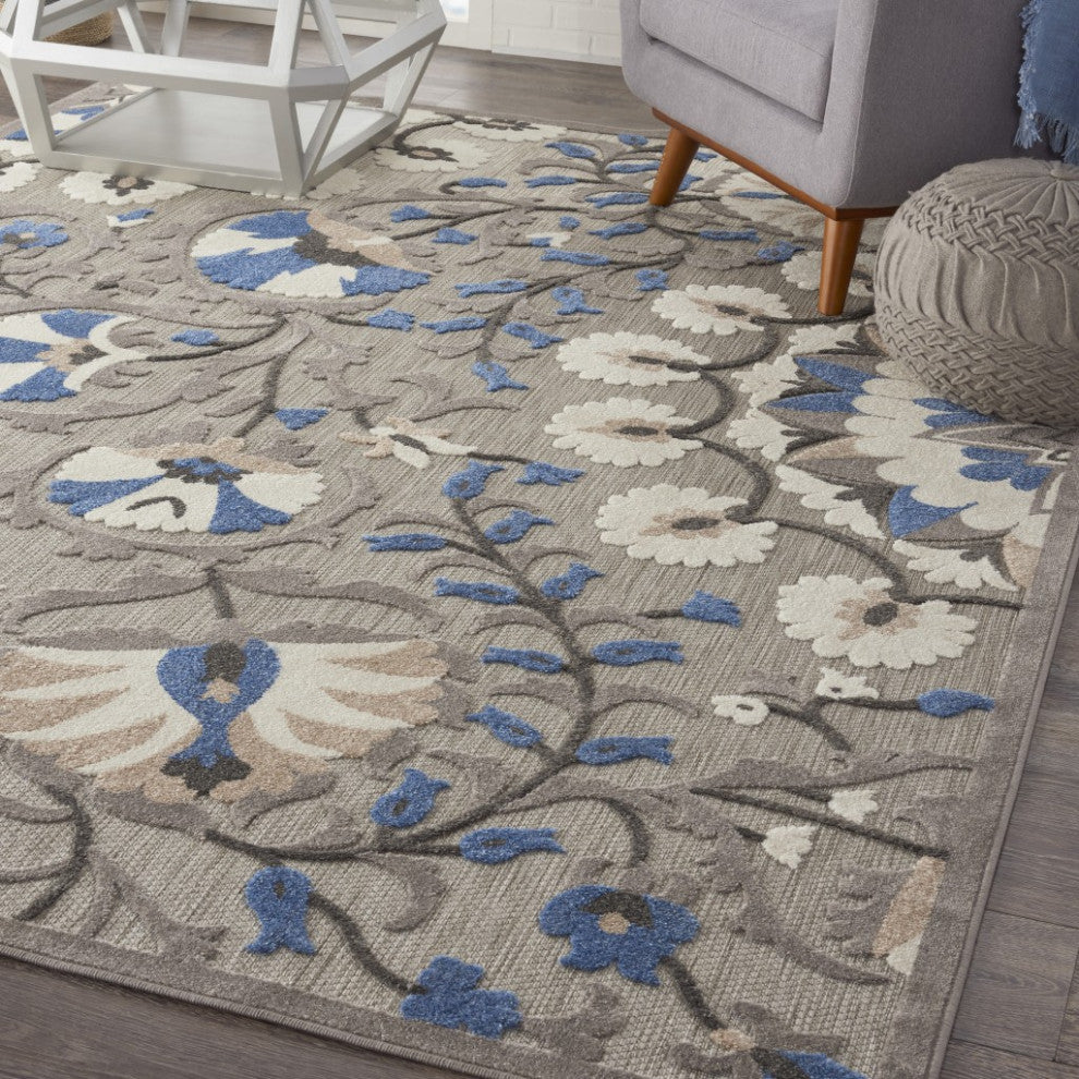 8 x 11 Gray and Blue Vines Indoor Outdoor Area Rug