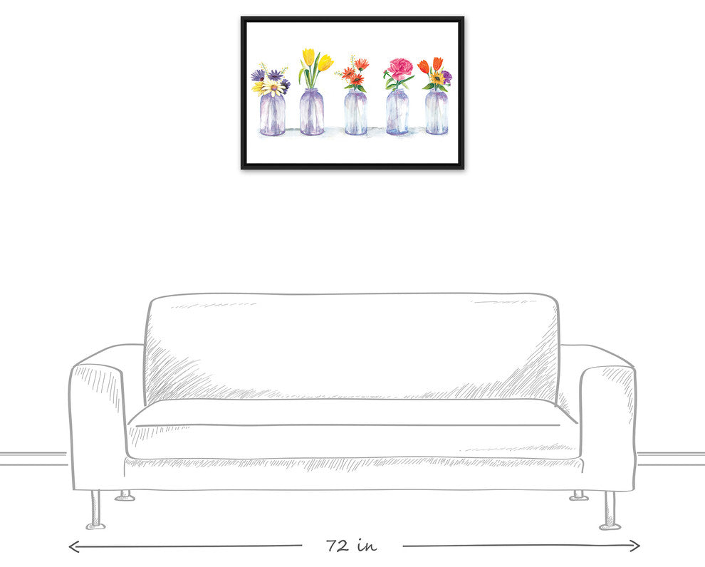Painted Flowers in Glass Jars Print 20x30 Black Floating Framed Canvas