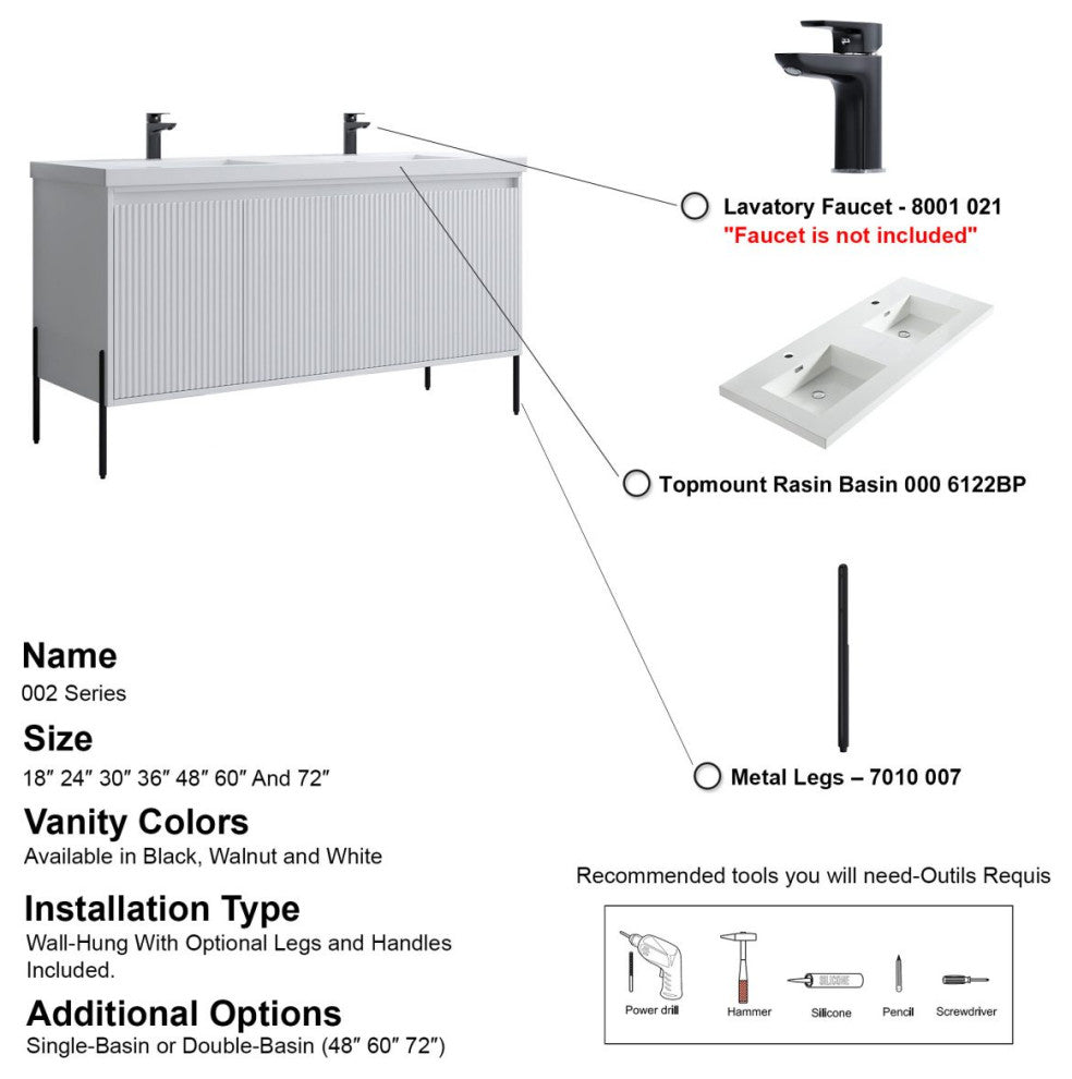 Flutie 60" Bathroom Vanity Set, White, Double White Sink