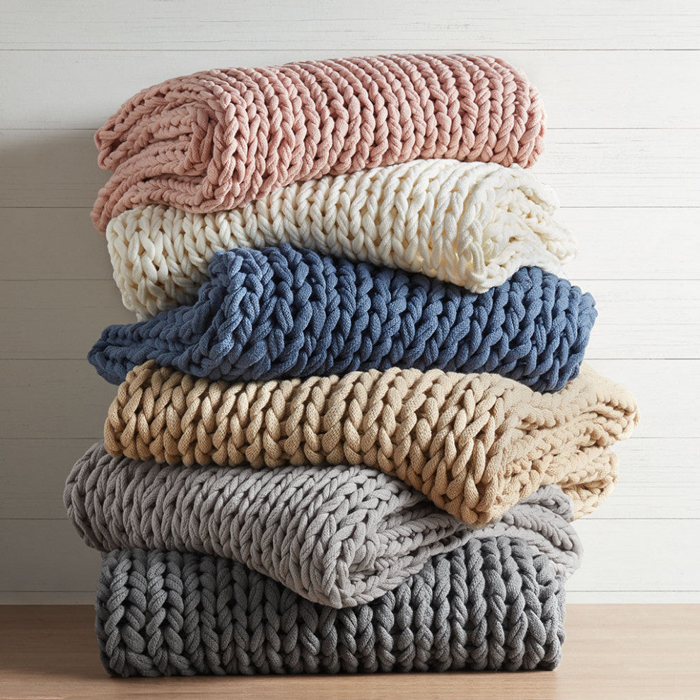 Madison Park Chunky Double Knit Handmade Throw Blanket, Blush, Navy Blue