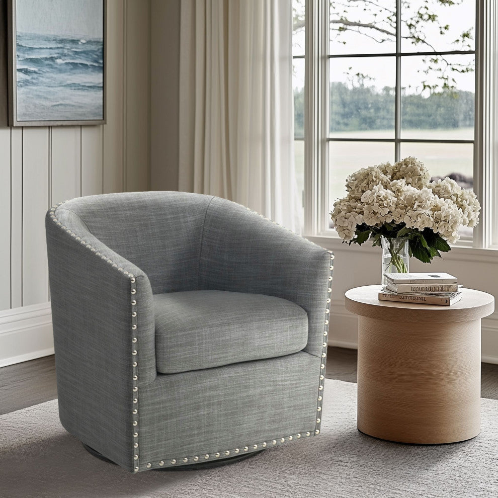 Madison Park Tyler Upholstered Swivel Barrel Chair with Nailheads, Grey