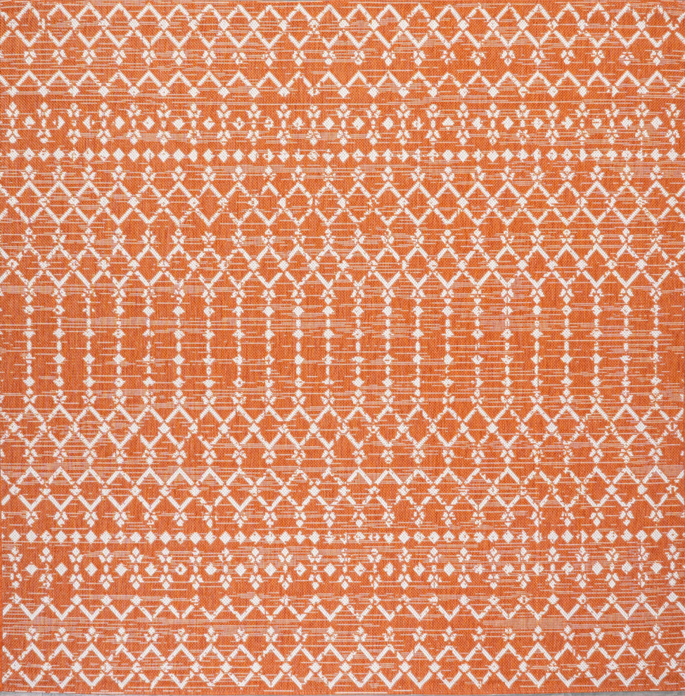 Ourika Moroccan Geometric Indoor/Outdoor Rug, Orange/Cream, 5' Square