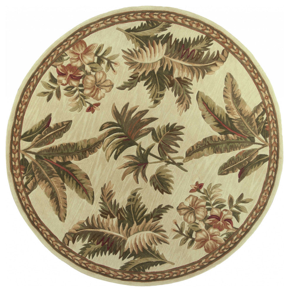 8' Ivory Hand Tufted Bordered Tropical Plants Round Indoor Area Rug