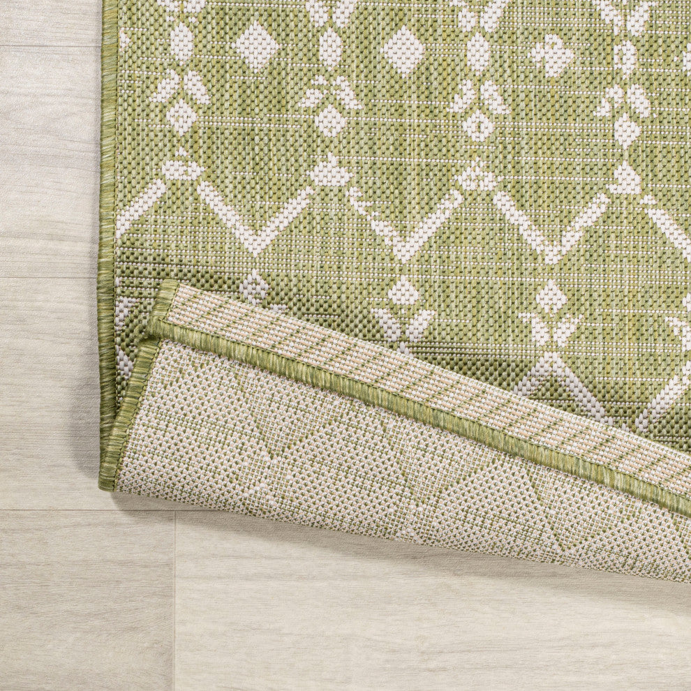 Ourika Moroccan Geometric Indoor/Outdoor Rug, Light Green/Cream, 5' Square