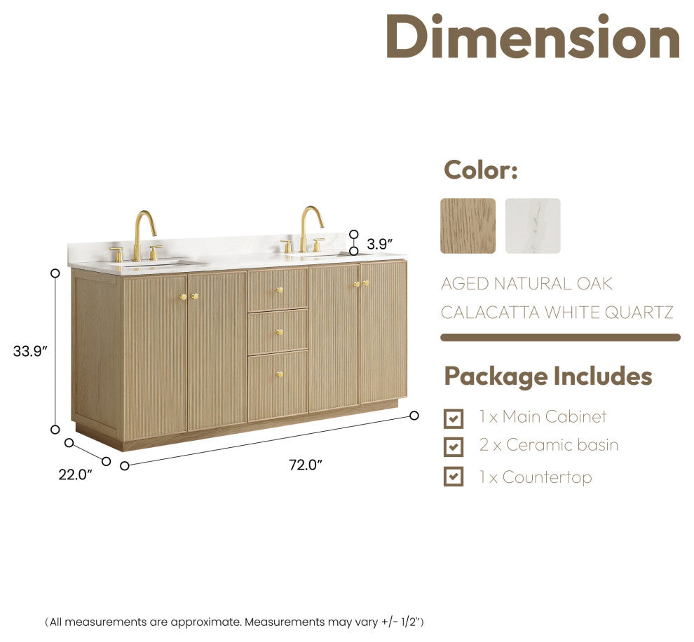 Oza Bath Vanity with Quartz Stone Top, Aged Natural Oak, 72", Double Vanity, No Mirror