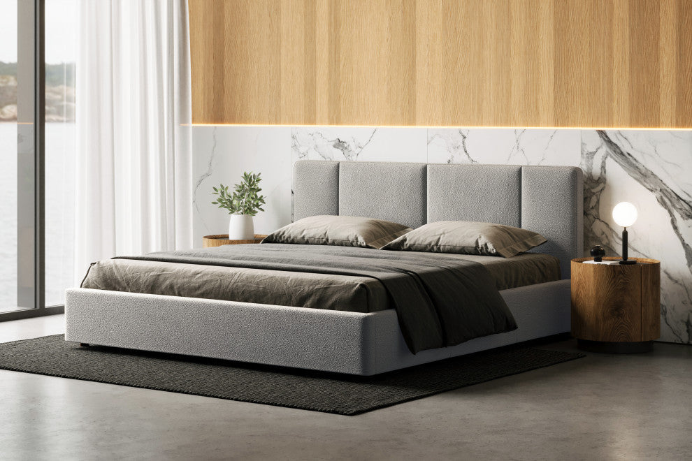 Omax Decor Venice Modern Fabric Upholstered Platform Bed, Grey Boucle, King