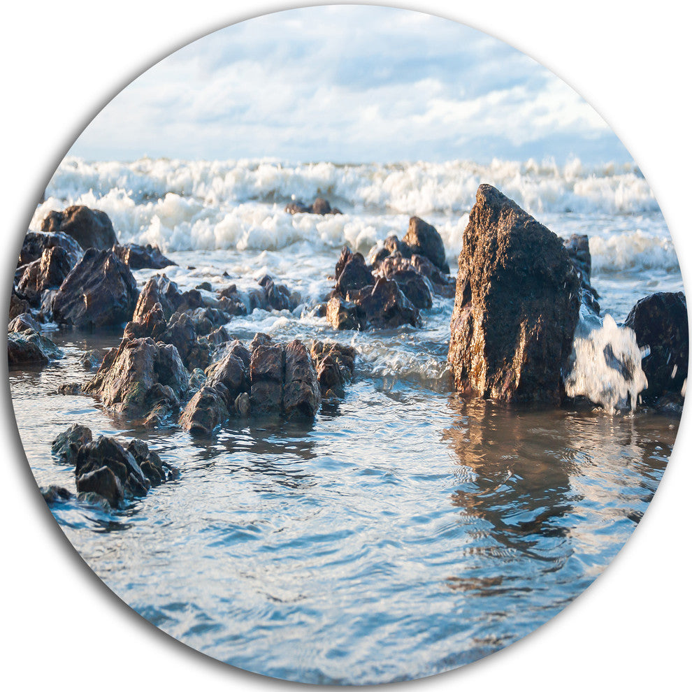 Sea Foam In Empty Rocky Seaside, Seascape Round Metal Wall Art, 11"