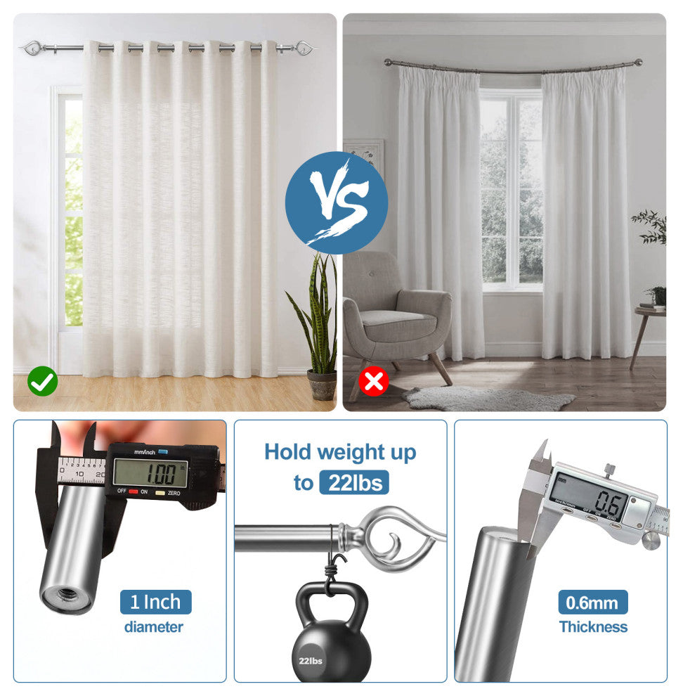 1" Flame Drapery Curtain Rod, Brushed Steel, 28"-48"