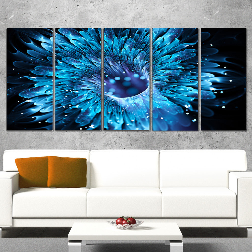 Blue Magical Wormhole Fractal, Large Abstract Canvas Wall Art, 60"x28", 5 Panels