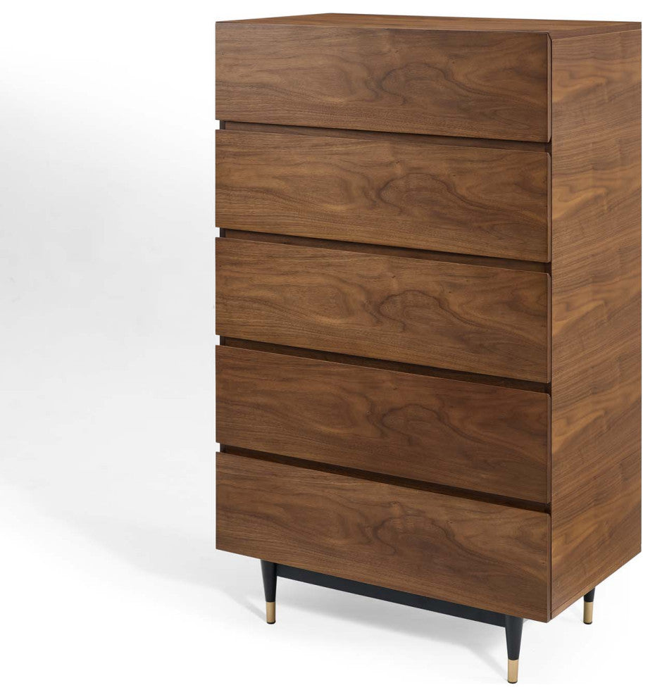 Queen Bed Dresser Chest Nightstand Set, Wood, Brown Walnut, Modern Room