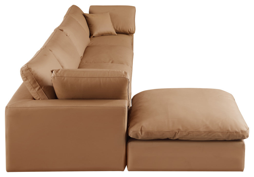 Comfy Upholstered L-Shaped Modular Sectional, Cognac, 5-Piece: 2 Armless Chair, 2 Corner Chair, 1 Ottoman, Vegan Leather