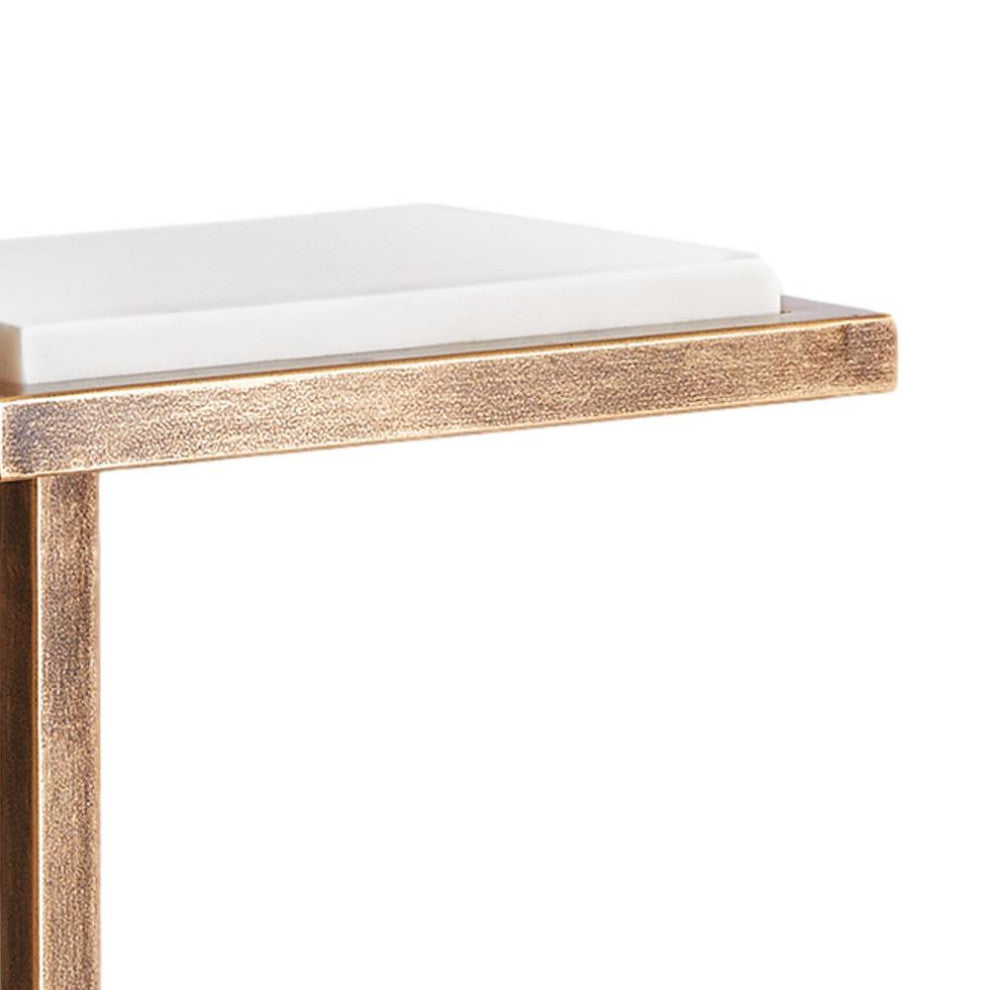Petite Minimalist Bronze White Accent Table Cantilever Pull Up Marble Metal Gold