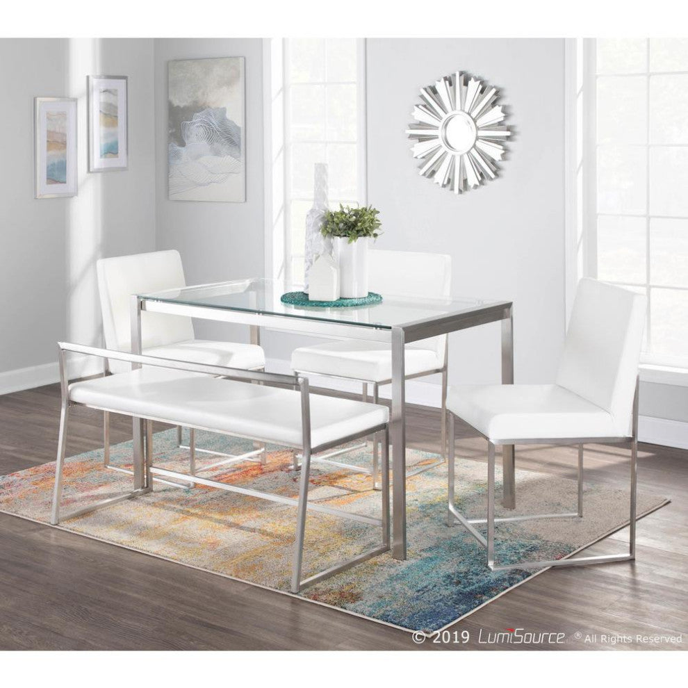 Brushed Stainless Steel, White PU High Back Fuji Dining Chair - Set of 2