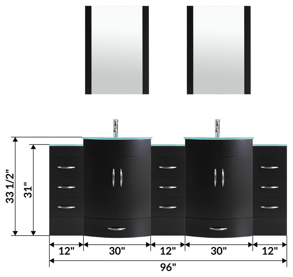 96" Black Vanity, 30" Double Sink Bases, Double 12 Drawer Bases, LV5-C20-96-B