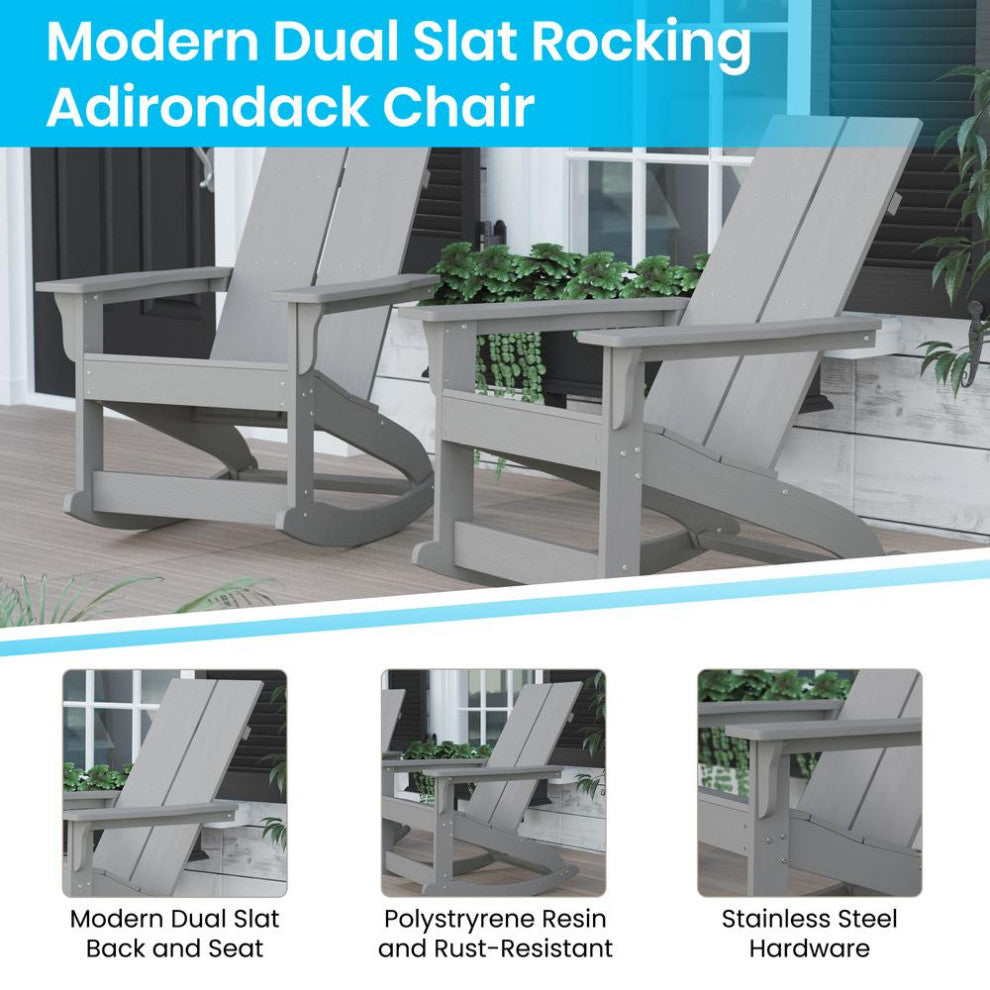 Finn Outdoor Rocking Adirondack Chair w/Rust Resistant Stainless Steel Hardware, Gray