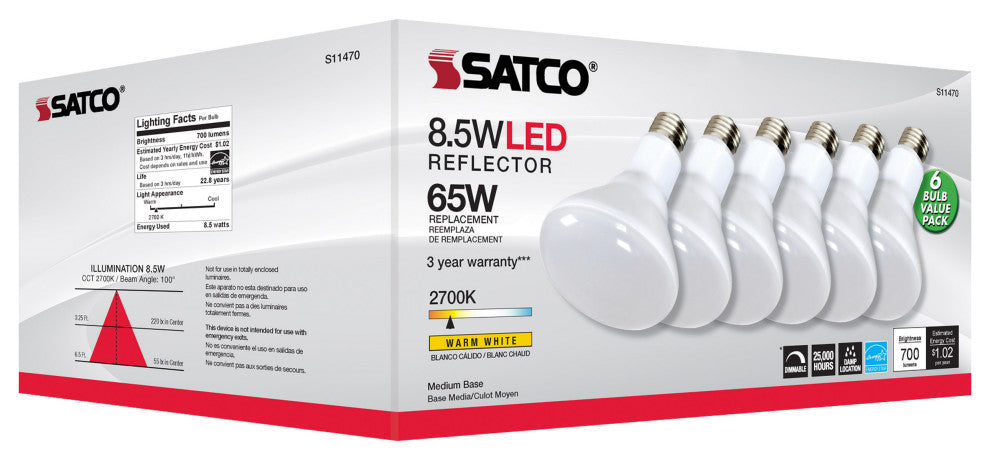 8.5W, BR30 LED, 2700K, 80 CRI, Medium Base, 120Vs, Dimmable, 6-Pack