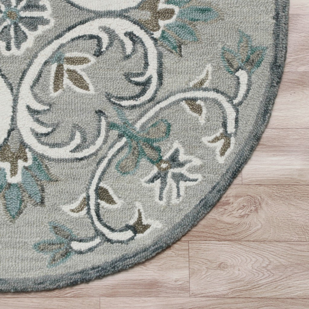 4" Round Gray and White Filigree Area Rug