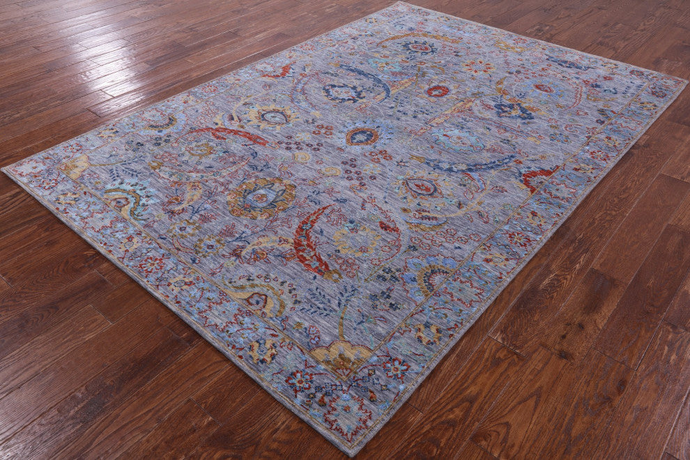 Persian Wool and Silk Sickle Leaf Design Hand Knotted Rug 6' 3" X 9' 1" Q8640
