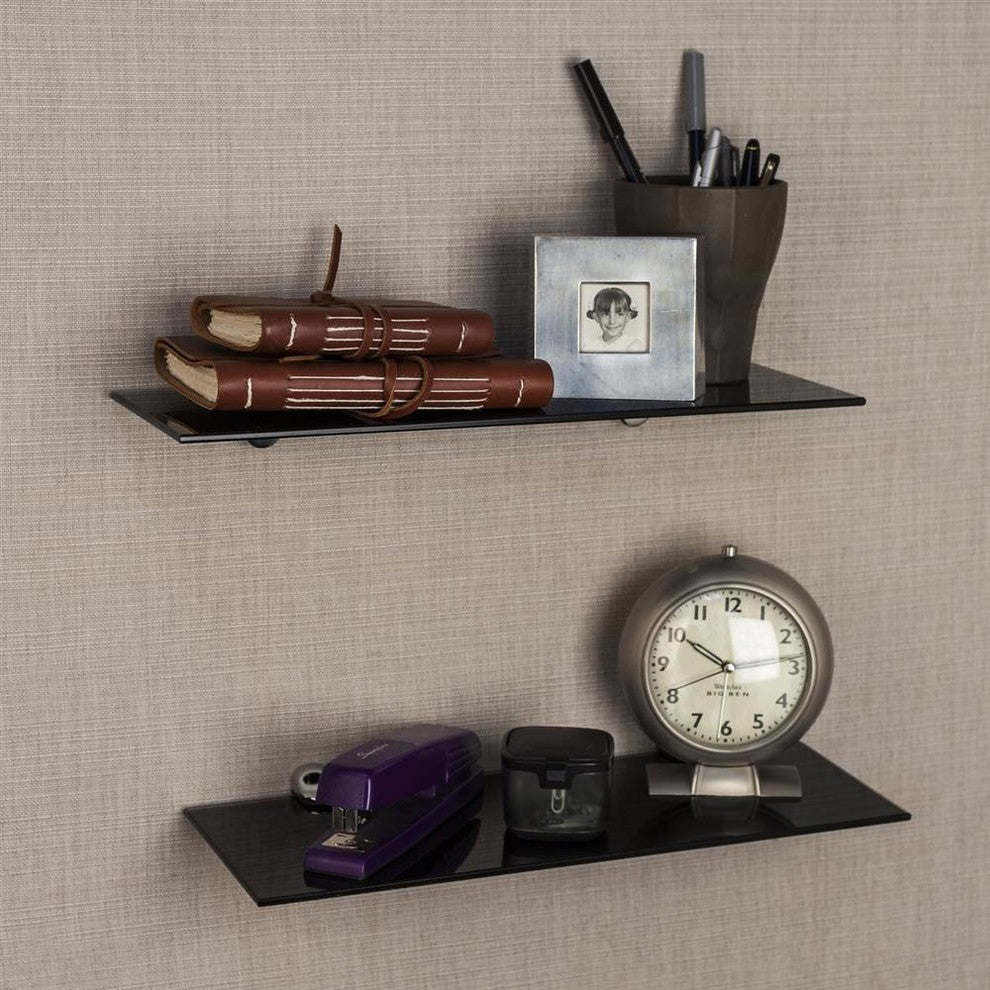 16"x6" Glass Floating Shelves With Chrome Brackets, Set of 2 , Black