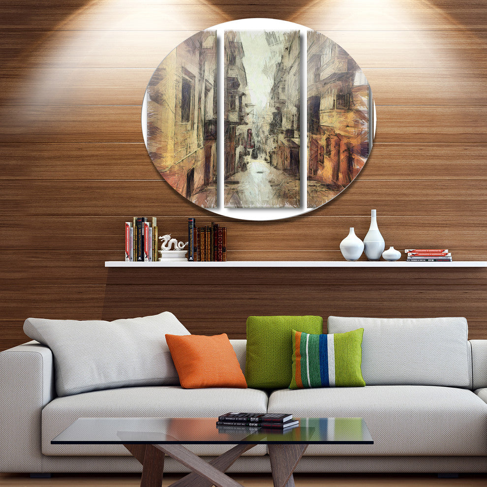 Path In Street Watercolor Stretch, Cityscape Disc Metal Wall Art, 11"