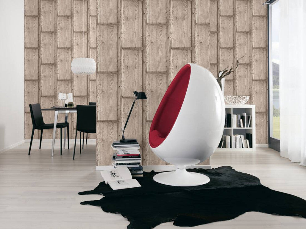 Loft Textured Wallpaper Featuring Rustic Wood, Beige Gray Brown, One Roll