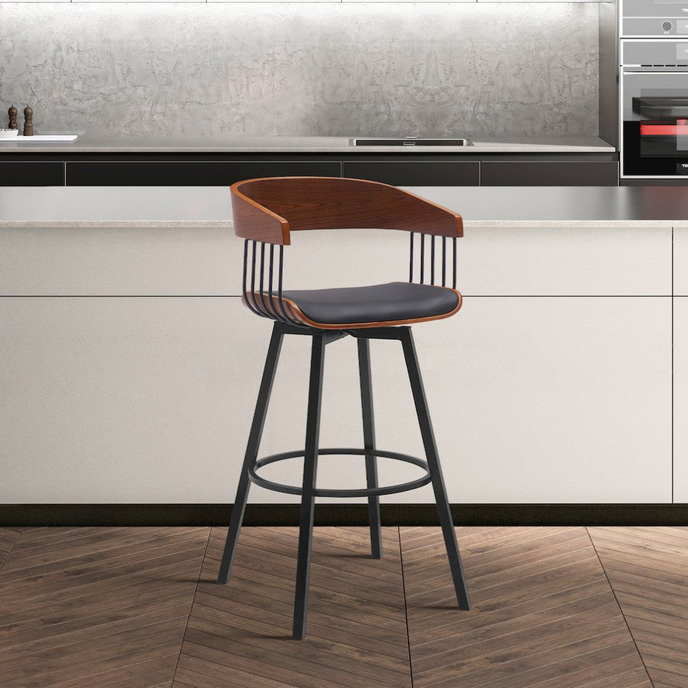 Athena Upholstered Wood Swivel Bar or Counter Stool with Black Metal