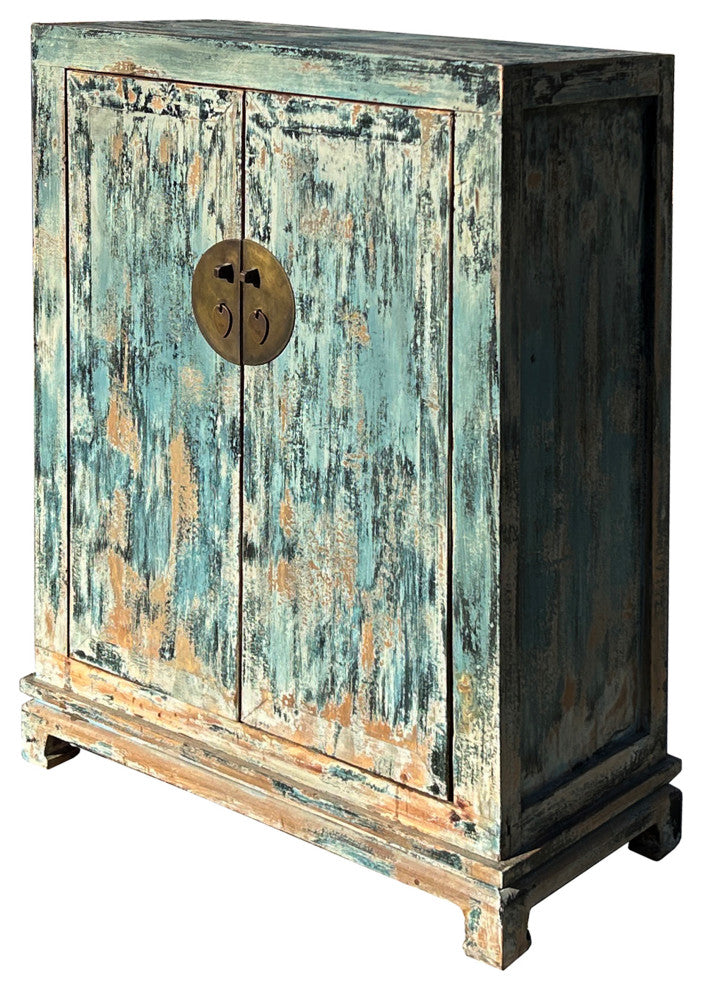 Distressed Teal Blue Marks Moon Face Slim Credenza Side Cabinet Hws4392