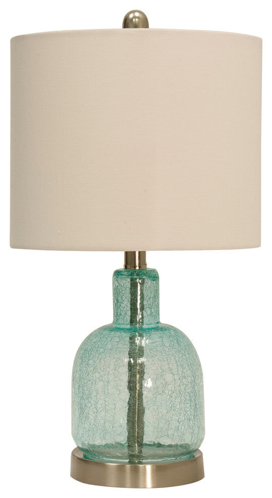 Teal Sea Table Lamp, Seafoam Blue Crackled Glass with Off-White Shade