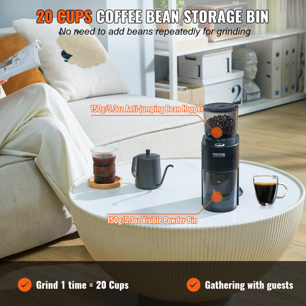 VEVOR Coffee Grinder 20 Cups Electric Burr Mill 40MM Conical Burrs for Espresso
