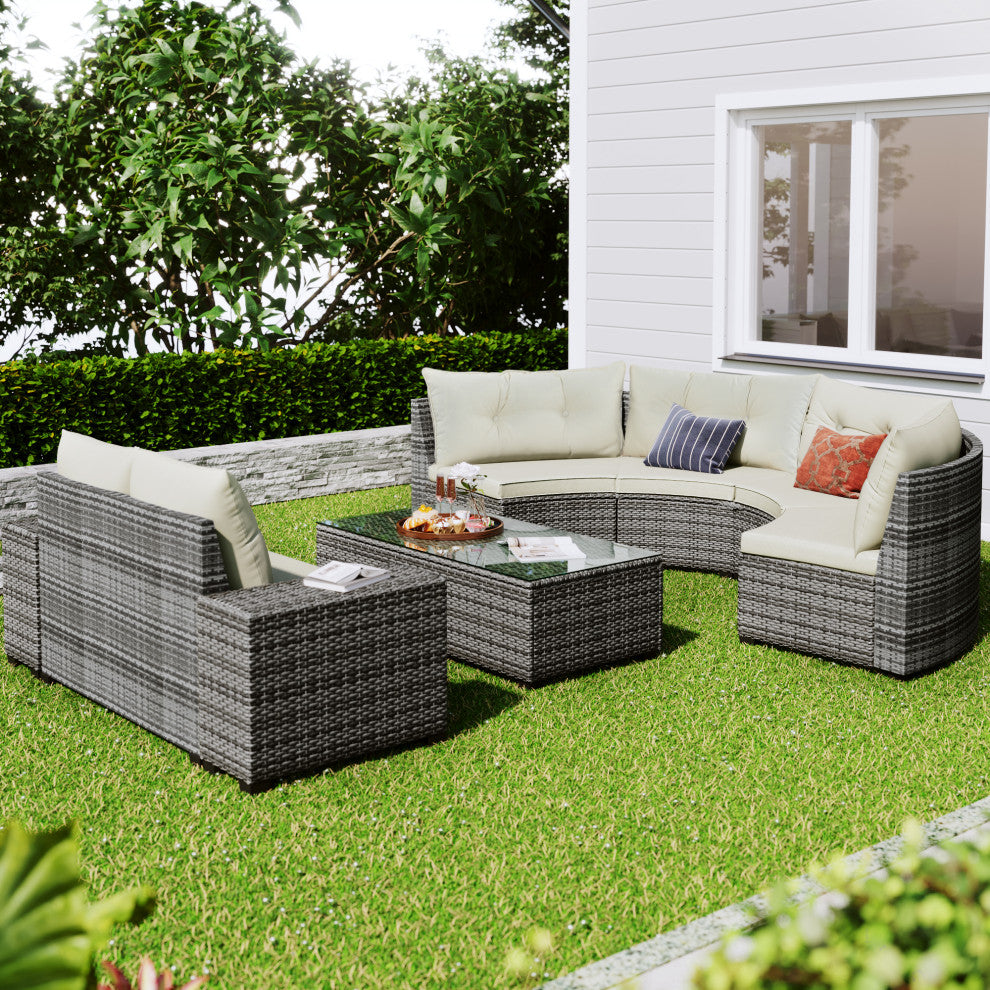 8 Pieces Outdoor Wicker Curved Patio Sectional with Coffee Table and Cushions, Beige