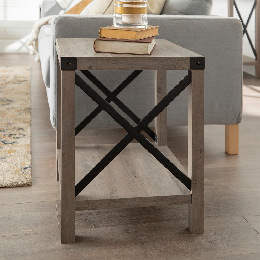 18" Farmhouse Metal "X" Accent Side Table, Gray Wash