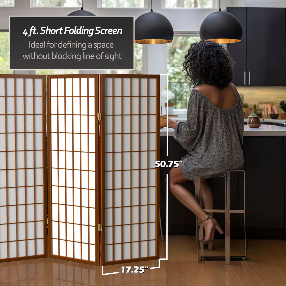4' Tall Window Pane Shoji Screen, Walnut, 3 Panels