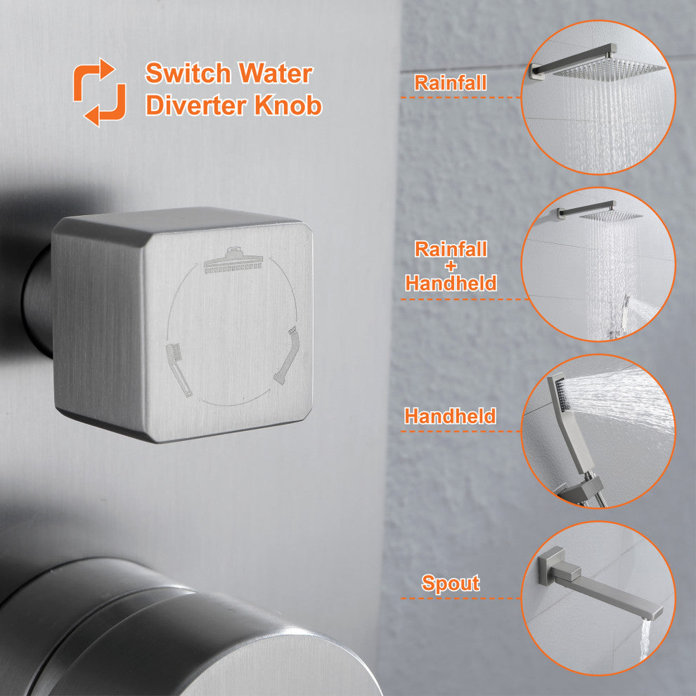 Wellfor Shower Faucet Set, Rain Shower Head, Handheld Shower and Tub Spout, Brushed Nickel, 12 Inch