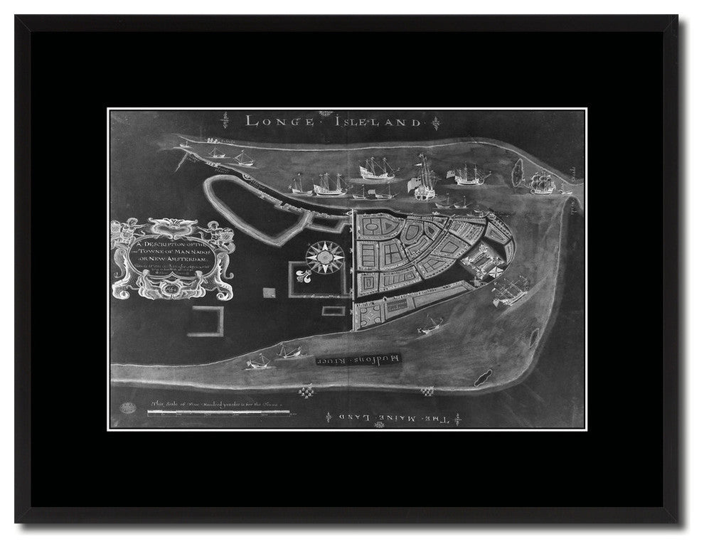 New York Monochrome Map Print On Canvas With Black Custom Frame, 16" X 21"