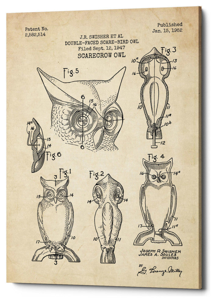 Epic Graffiti "Scarecrow Owl Blueprint Patent Parchment" Giclee Canvas, 18"x26"